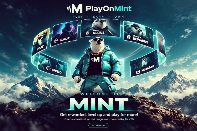 A promotional banner for 'PlayOnMint' featuring an anthropomorphic polar bear in a puffer jacket and sunglasses, with the tagline 'PLAY • EARN • OWN' and 'WELCOME TO MINT,' highlighting features like 'BUILD STATUS,' 'EARN XP,' 'UNLOCK REWARDS,' and mentioning the $MNTD token.