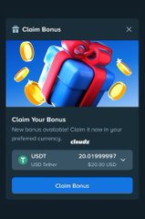 A mobile app screen titled 'Claim Bonus' showing a blue gift box graphic and offering 20.01999997 USDT ($20.00 USD) with a 'Claim Bonus' button.