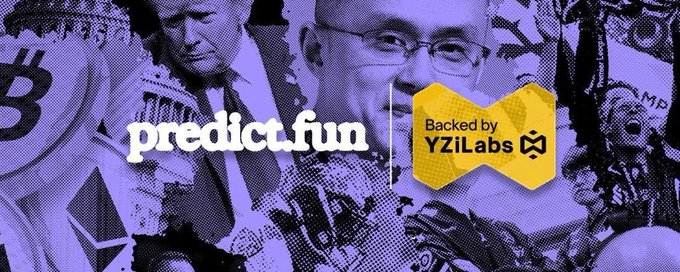 The image features a large, colorful banner with a yellow diamond shape at the bottom that says "PredictionFun" written in white letters. The banner also includes a photo of a man wearing glasses and a name tag reading "@yuexiaoyu". The background of the banner is purple, which complements the yellow diamond shape. The image seems to be related to a post on social media or a website that promotes PredictionFun, possibly featuring an advertisement for a company named "yzilabs" or another brand.