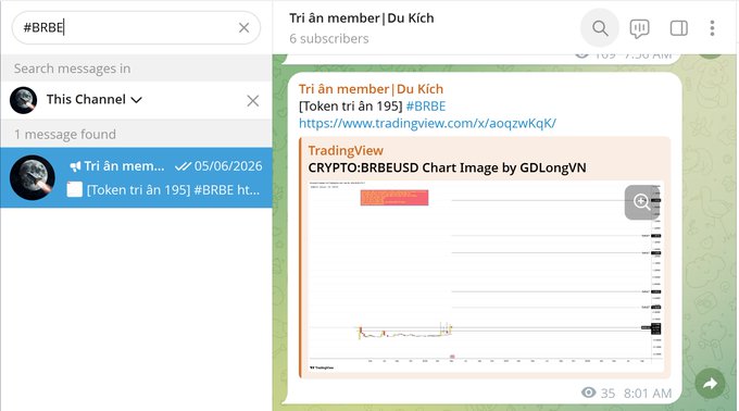 Screenshot of a Telegram channel search showing results for #BRBE, including a 'Tri ân member|Du Kich' channel with a TradingView chart for CRYPTO:BRBEUSD.