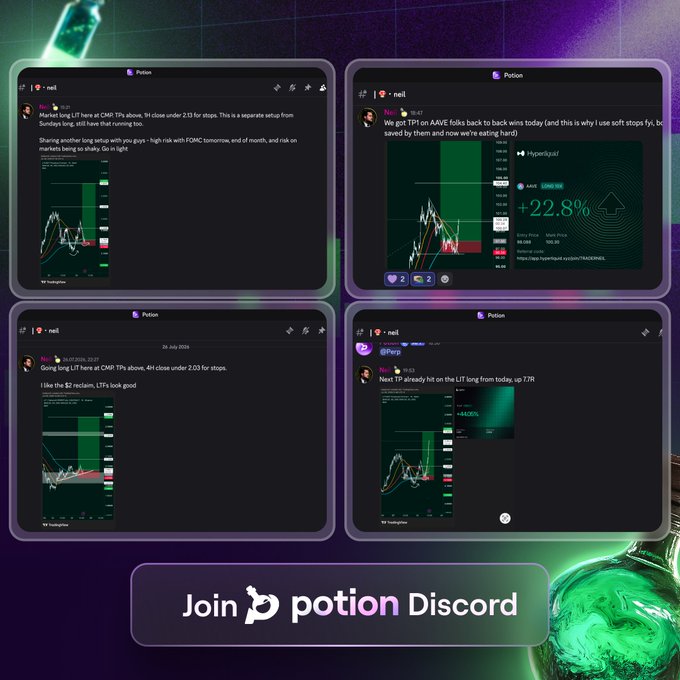 The image is a promotional graphic for a trading Discord called "Potion," showcasing four screenshots of trade alerts in a "#neil" channel. Visible trade callouts include $AAVE longs hitting TPs (such as "+22.8%" and "TPs above"), a $LIT long hitting "7.7R," and a note about Bitcoin dropping below the 1D low, aligning with the post's celebration of back-to-back winning trades despite a bearish market.