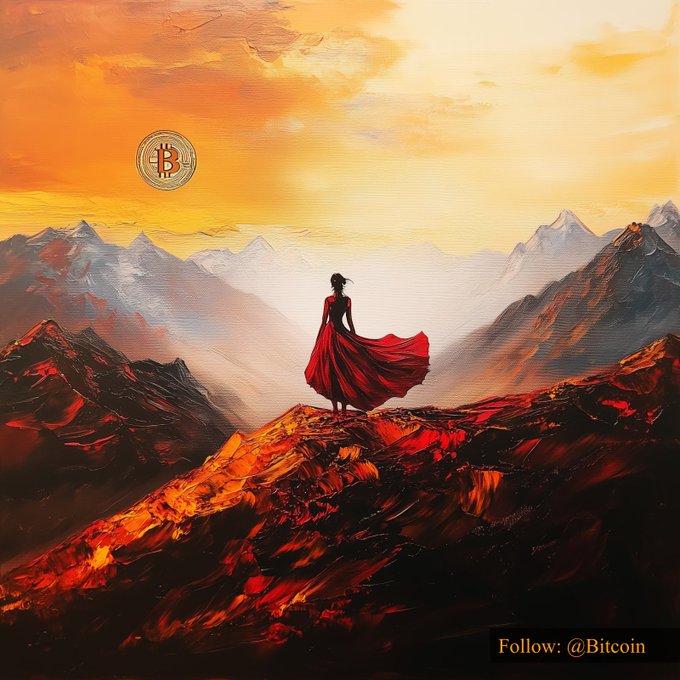 A silhouetted woman in a flowing red dress stands atop a fiery, craggy mountain peak beneath an orange sunset, gazing out over distant ranges, with a golden Bitcoin logo floating in the sky—evoking Bitcoin's ascent to new heights above $63,066.87. The text "Follow: @Bitcoin" appears in the corner.