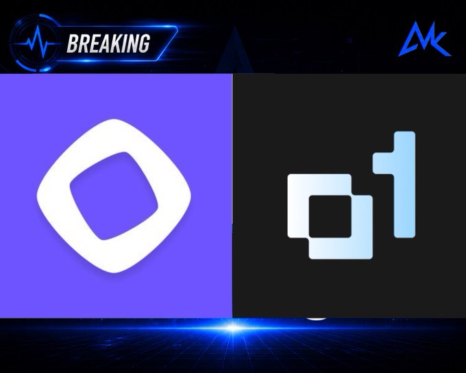 A 'BREAKING' news-style graphic displaying two logos side by side - a white diamond/rhombus shape on purple background and a geometric 'o1' design on black background.