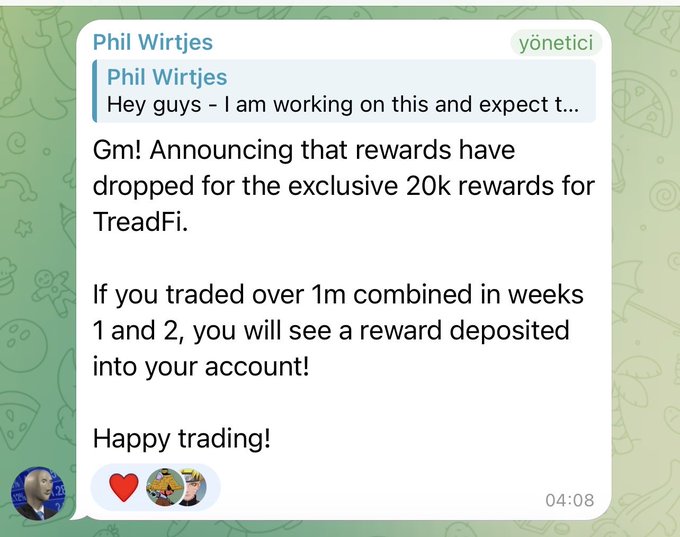 In the image, a person has posted to social media about an offer from @tread_fi using bots or @OndoPerps I for their reward program. The post reads: "Additional 20k rewards were distributed to who used @tread_fi bots and pushed more than $1M volume in the first 2 weeks of @OndoPerps I also got 337 usdc and making my whole rewards to @OndoPerps I". 

The person has mentioned that they have been receiving this reward. The post includes an attached image showing what the bot activity is like, with two people present in the image - one at the top left corner of the screen and another at the bottom right.
