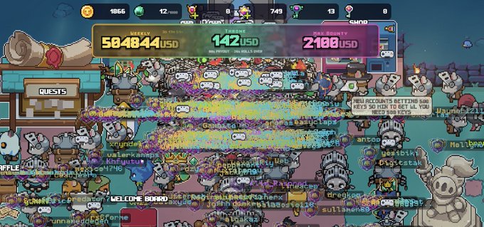 A chaotic screenshot from a pixel art game showing 'LIVE LEADER', 'PAUSED', and 'REMOVED' scores of 5,048,444 USD, 142 USD, and 2,100 USD respectively, with a crowded screen of animated characters and chat messages.