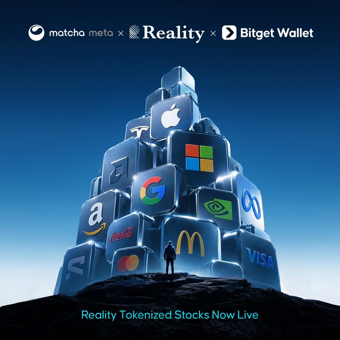 A promotional graphic for 'matcha meta', 'Reality', and 'Bitget Wallet' showing a pyramid of corporate logos (Apple, Tesla, Google, Microsoft, Amazon, Coca-Cola, Meta, McDonald's, Mastercard, NVIDIA, Visa) with text reading 'Reality Tokenized Stocks Now Live'.