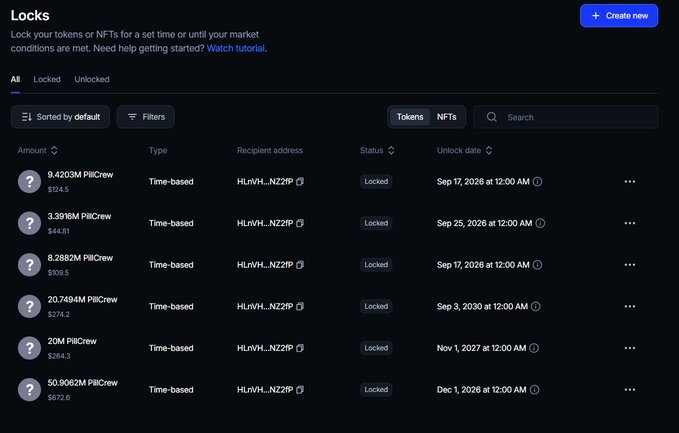 A dark-themed 'Locks' dashboard interface showing various 'PillCrew' tokens locked with different amounts and unlock dates ranging from 2026 to 2030.
