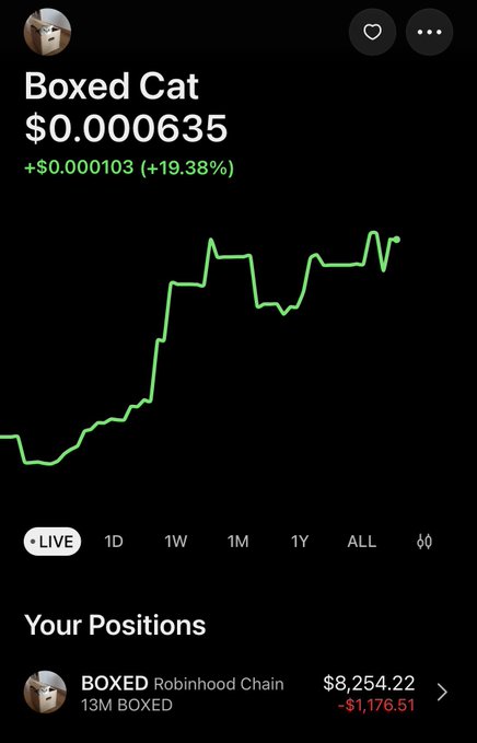 A mobile trading app screenshot displays the "Boxed Cat" token at $0.000635 with a 24-hour gain of +$0.000103 (+19.38%), showing a sharply rising price chart. Below, the "Your Positions" section lists a position in "BOXED Robinhood Chain" (13M BOXED) valued at $8,254.22, currently down -$1,176.51.