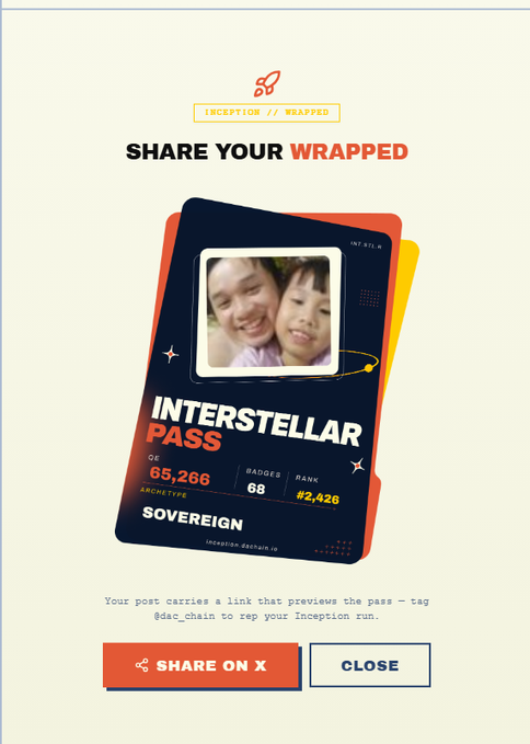A 'Share Your Wrapped' digital card from Inception/Wrapped showing an 'INTERSTELLAR PASS' labeled 'SOVEREIGN' with statistics including 65,266 archival, 68 badges, rank #2,426, featuring a photo of two children.