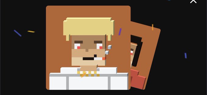 A pixel art avatar of a blonde character with red cheeks and a smirk, alongside a smaller avatar with brown hair, set against a dark background with colorful confetti, reflecting the meme-style enthusiasm of the "stackers" investment post.