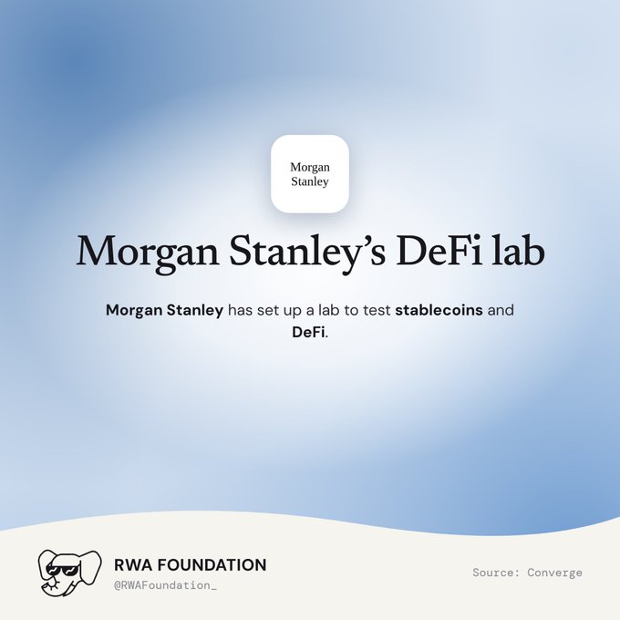 A blue-toned graphic from the RWA Foundation (@RWAFoundation_) reports that 'Morgan Stanley's DeFi lab' has set up a lab to test stablecoins and DeFi, sourced from Converge.
