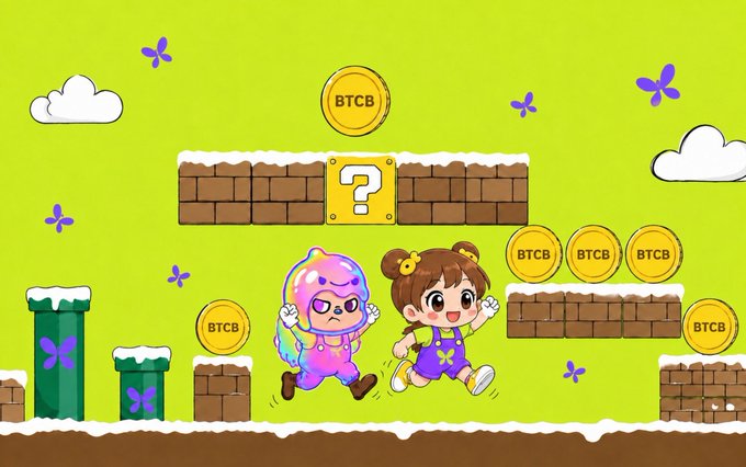 A cartoon-style video game scene featuring two characters running past question mark blocks and BTCB-branded coins on a platformer landscape.