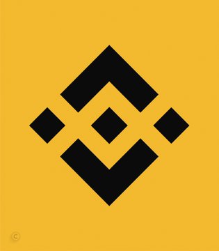 The Binance logo, a yellow square with a black geometric diamond pattern, is displayed on a solid yellow background.