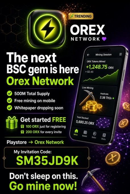 This promotional graphic advertises **Orex Network (ORX)**, a new Binance Smart Chain (BSC) cryptocurrency with a 500M total supply, featuring a mobile mining app available on the Playstore. The image displays a smartphone mockup showing a mining session with +1,248.75 ORX tokens mined at a hash rate of 2.38 TH/s, and provides the invitation code **SM35JD9K** for users to register and earn 100 ORX free, plus 200 ORX per referral.