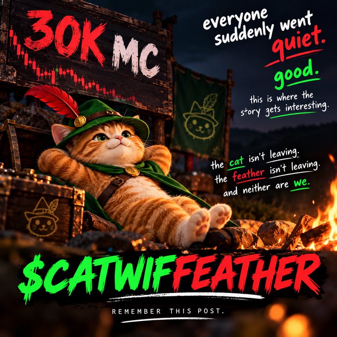 The image is a meme promoting the "$CATWIFFEATHER" cryptocurrency token, featuring a chubby orange cat dressed as Robin Hood (green hat with red feather, green cape) lounging on a treasure chest beside a campfire, with bold text declaring "30K MC," "everyone suddenly went quiet. good. this is where the story gets interesting," and "the cat isn't leaving. the feather isn't leaving. and neither are we," along with the reminder "REMEMBER THIS POST" — visually tying the Robin Hood "stealing" theme to the token's cat-and-feather branding.