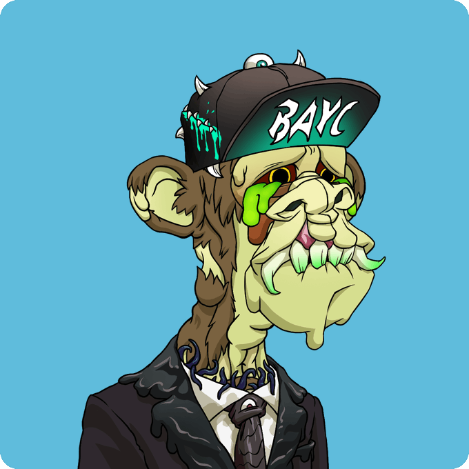 A cartoon-style illustration of a Bored Ape-style NFT character wearing a black cap with 'BAYC' written on it, featuring green oozing eyes, fangs, and a suit with a tie against a blue background.