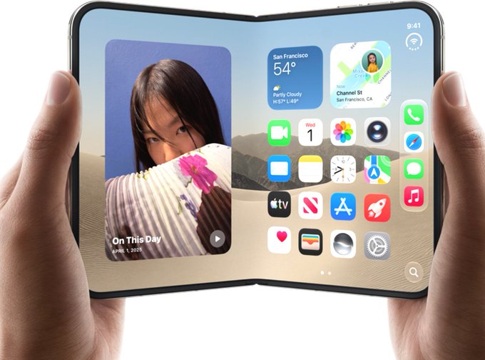 Hands holding an unfolded foldable smartphone displaying iOS widgets, an 'On This Day' photo of a young woman, and a San Francisco weather widget showing 54°.