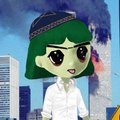 An anime-style character with green hair and a beret standing in front of a colorful cityscape background.