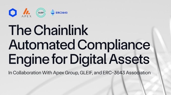A promotional graphic with the title 'The Chainlink Automated Compliance Engine for Digital Assets', noting collaboration with 'Apex Group', 'GLEIF', and 'ERC-3643 Association'.