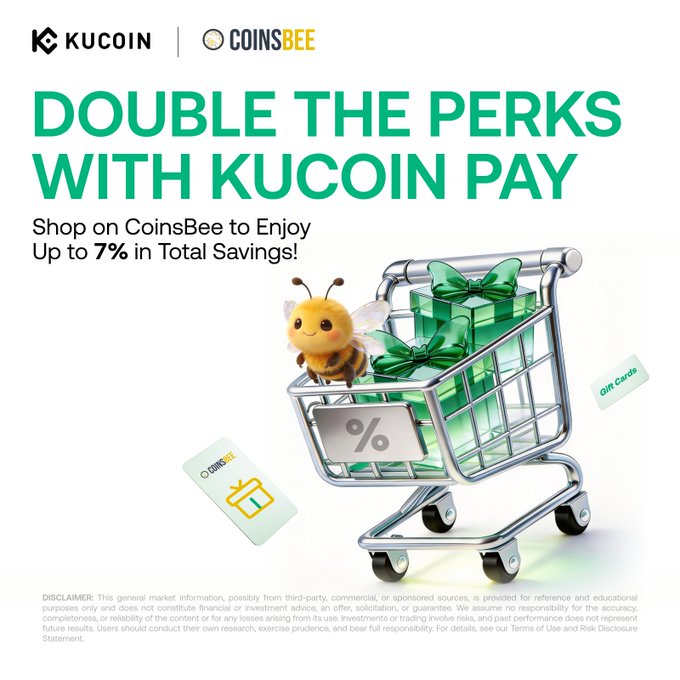 The image features a shopping cart filled with green gift boxes stacked next to a teddy bear sitting inside one of the gift boxes. The text within the image suggests that there might be a rewards program where users can earn points or rewards for their purchases, including discounts and exclusive offers. A KuCoinPay logo is present at the bottom of the post, indicating the association with this cryptocurrency payment platform. Additionally, a teddy bear has been included as part of the promotion by incorporating it into one of the gift boxes in the shopping cart.