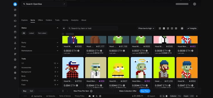 An OpenSea NFT marketplace page showing pixel-art Hood M... characters for sale at prices ranging from 0.0033 ETH to 0.0047 ETH.