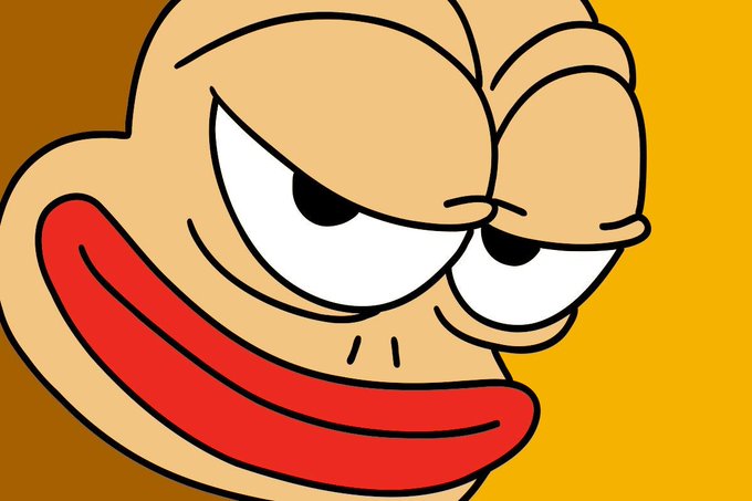 A cartoon illustration of a monkey-like face with large lips and a mischievous expression on a yellow/gold background.