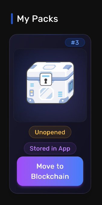 The image shows an app screen with a white box containing a blue lock symbol. The text on the screen indicates that the box has been unpacked from the App store and stored in the App, and that the user should move the box to the Blockchain.