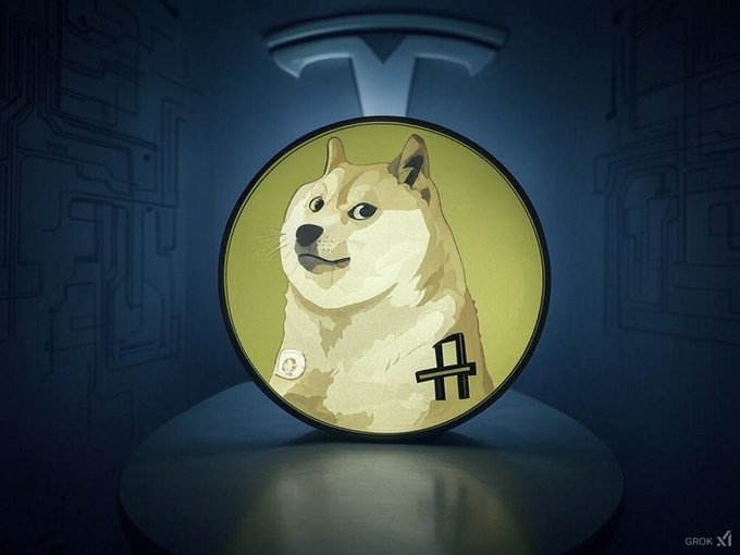 The image features a round, cartoon-like dog with a black nose and eyes, sitting on top of a table or pedestal. The dog has a yellow background behind it, which makes it stand out against the blue backdrop. The text "DOGE" is written in white letters next to the dog's head.