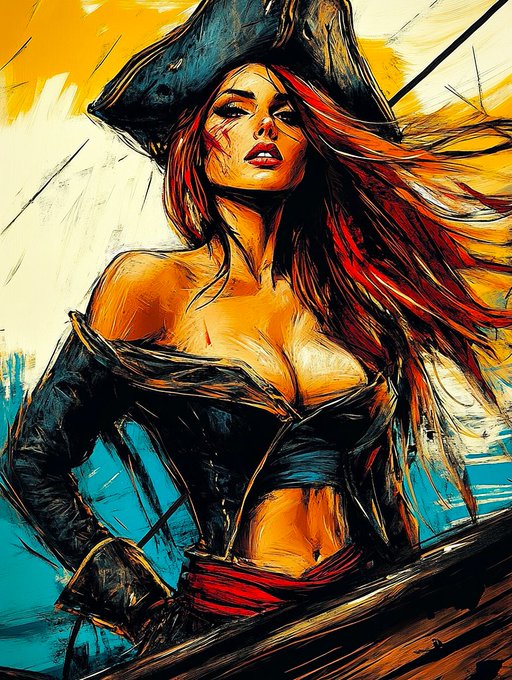 A vibrant, expressive painting of a red-haired female pirate wearing a large black tricorn hat and a black corset, standing against a bright yellow and blue background.