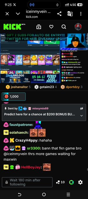 A screenshot of the Kick.com streaming platform showing the 'iceinmyvein' channel, with chat, slot games, and a 'GIFT 2 SUBS FOR AUTO ISE ENTRY' banner visible.