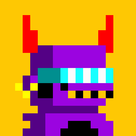 A pixel art illustration features a purple, blocky character with red horns and cyan visor against a yellow background, resembling a retro video game sprite.
