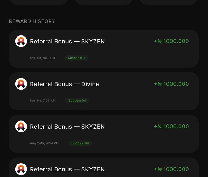 A "Reward History" screen displays four referral bonuses of +₦1000.000 each, including entries from "SKYZEN" on Sep 1st at 8:12 PM, "Divine" on Sep 1st at 7:06 AM, and "SKYZEN" on Aug 29th at 9:34 PM, all marked as Successful. The image visually supports the post's claim of earning 6k Naira in referral rewards, showing the transaction history that totals this amount through Quickchain app referrals.