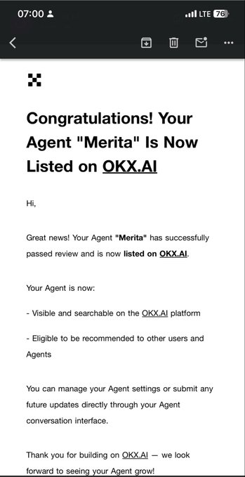 The image shows a confirmation message from OKX.AI stating that an agent named "Merita" has successfully passed review and is now listed on the OKX.AI platform. This relates to the post by @merita_labs announcing their launch on OKX.AI three days ago, showcasing their agent marketplace where agents can hire, verify, and pay each other for completed work.