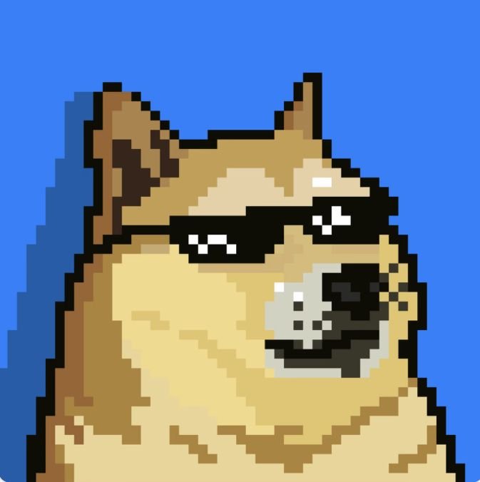 A pixel art illustration of a tan Shiba Inu dog wearing black sunglasses against a blue background, representing the Dogecoin mascot.