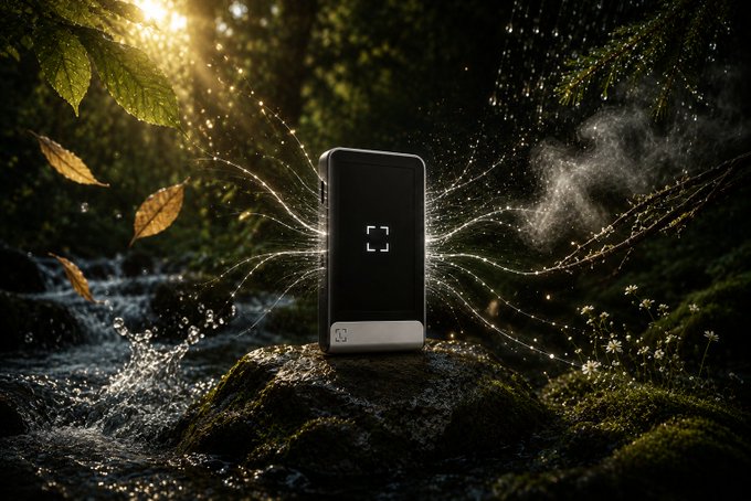 A black smartphone with a charging icon on its screen stands upright on a mossy rock, surrounded by splashing water and floating leaves in a sunlit forest stream.