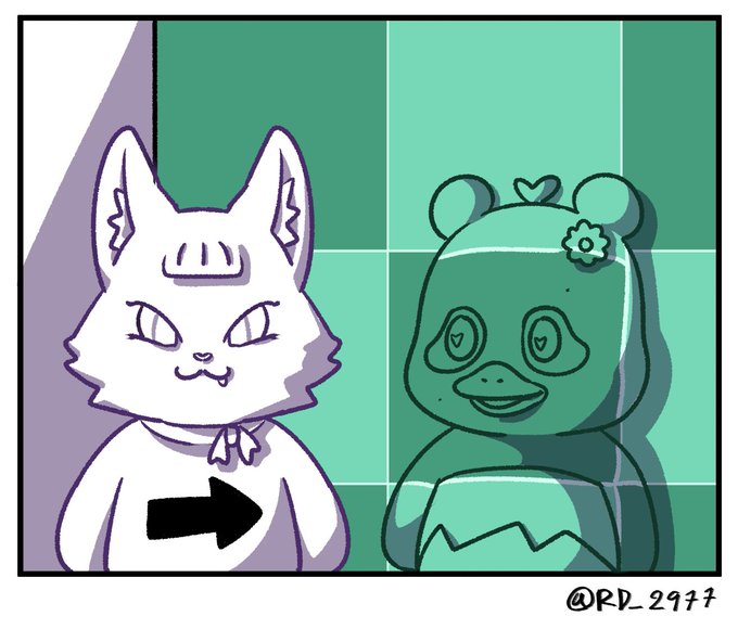 A white cat with an arrow on its chest points approvingly at a green panda bear-shaped figure adorned with a small flower, set against a green tiled background. The image, signed "@RD_2977," playfully depicts the "MECCHA CHAMELEON" with hashtags #JEWEL and #LUNAR, suggesting a whimsical transformation or admiration scene.