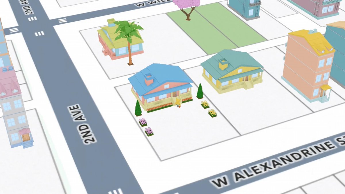 A whimsical, pastel-colored 3D map shows houses and lots at "2nd Ave" and "W Alexandrine St," with a tiny pet-like figure tending to the garden of a pink house surrounded by potted plants. The charming low-poly style and the small creature among the flowers visually illustrates the upcoming feature of being able to watch pets tend to plants in 3D on the map.
