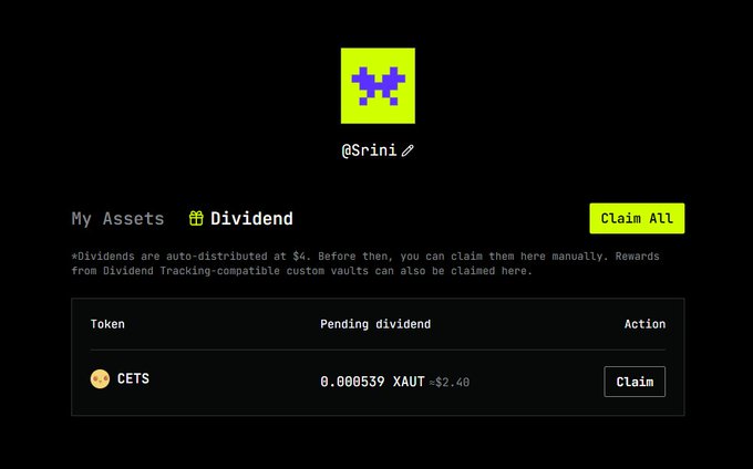 The image displays a user profile "@Srini" with a "Dividend" section showing pending rewards of 0.000539 XAUT (≈$2.40) for holding $CETS tokens, illustrating the dividend-paying feature that makes the $CETS memecoin concept notable.