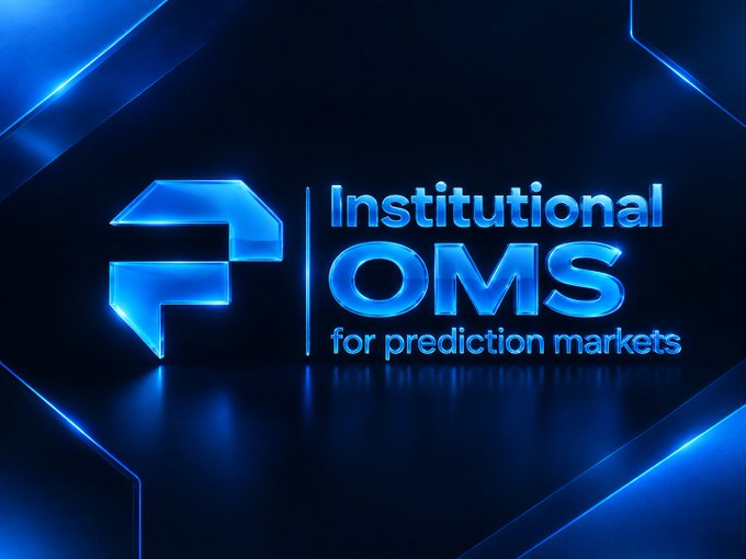 A glowing blue logo design on a dark background reading 'Institutional OMS for prediction markets' with a stylized geometric icon.