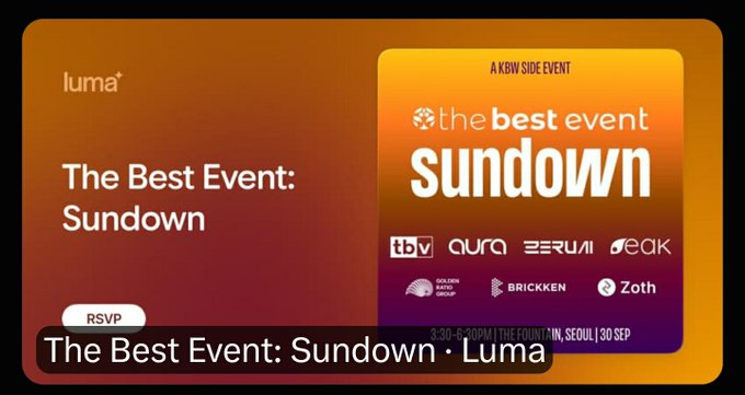 A Luma RSVP card for 'The Best Event: Sundown,' a KBW side event featuring sponsors TBV, aura, BERUMI, Peak, Golden Egg Group, Brickken, and Zoth, scheduled for 30 SEP at THE COUNT IN, SEOUL.