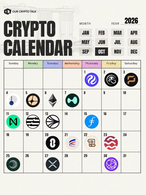 A calendar page for October 2026 displays the "Crypto Calendar" by "Our Crypto Talk," marking crypto-related events with various cryptocurrency logos on specific dates (Oct 1-30). The calendar visually corresponds to the post's schedule of crypto project launches and updates, though the specific tickers ($INJ, $RAVE, $ARRR, $PENDLE, $STRK, $ASTER) mentioned in the caption cannot be definitively identified from the logo icons alone.