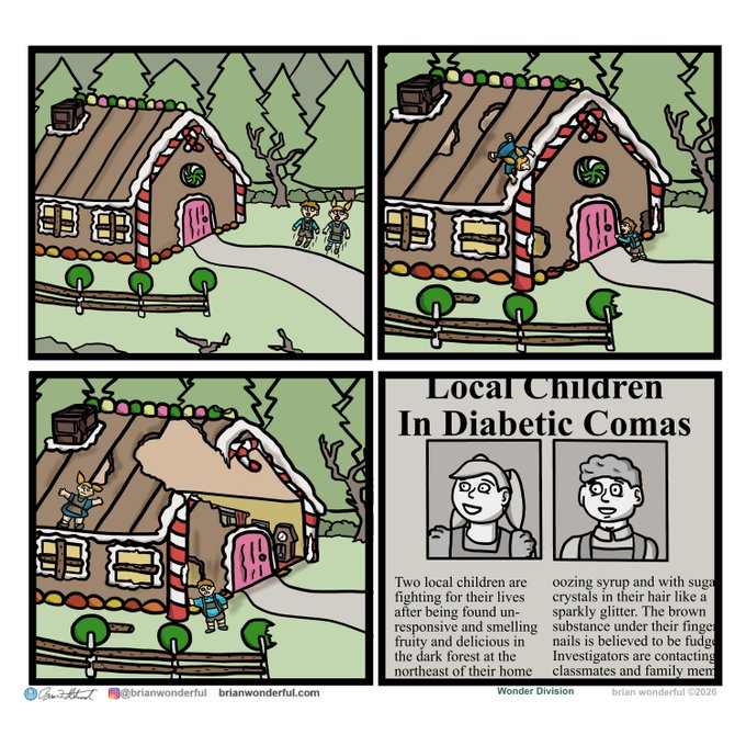 A four-panel comic titled 'Local Children In Diabetic Comas' showing children sneaking into a gingerbread house to eat candy decorations, causing them to fall into a diabetic coma.