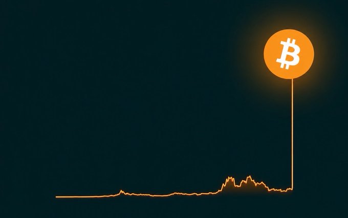 A Bitcoin logo sits at the peak of an orange price chart on a dark background, with the line showing relatively flat historical prices that suddenly spike upward—visually representing the post's prediction of Bitcoin's eventual dramatic rise toward $1,000,000.