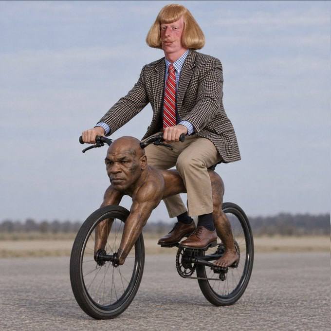 A surreal AI-generated image showing a man in a checkered suit and blonde bob haircut riding a bicycle that incorporates Mike Tyson's muscular body and tattooed legs as its frame.