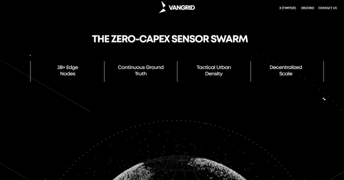 A dark website header for 'VANGRID' titled 'THE ZERO-CAPEX SENSOR SWARM' featuring four features: 3B+ Edge Nodes, Continuous Ground Truth, Tactical Urban Density, and Decentralized Scale, with an earth graphic at the bottom.