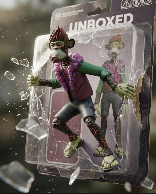 The image features a toy monkey figurine with a purple shirt, green pants, and a brown hat, standing out against its clear plastic packaging. The packaging has been damaged, with pieces of glass scattered around the monkey's feet. The text "Unboxed" is visible in the image, indicating that this toy is ready to be played with or enjoyed by children.