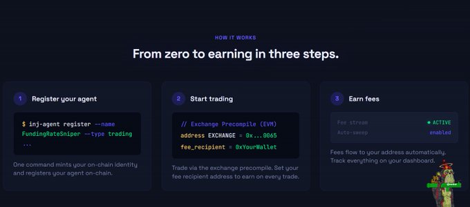 The image shows a screenshot of an online trading platform called Inj. It displays three options for users, including a registration process, a step by step guide to building a chain and earning free transactions from the Exchange Trading Protocol (ETP). The picture also includes text stating that agents can choose which path to take and what is being offered in return. The post emphasizes the agentic finance concept of trading directly with the Exchange Trading Protocol for free transactions on the network, allowing users to earn register their agent onchain and facilitating fees flowing back to their wallets.