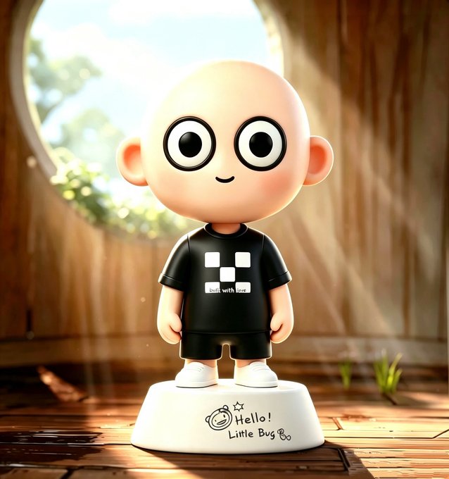 A cute 3D cartoon figurine of a bald character with big eyes wearing a black t-shirt stands on a white base labeled 'Hello! Little Bug Bo'.