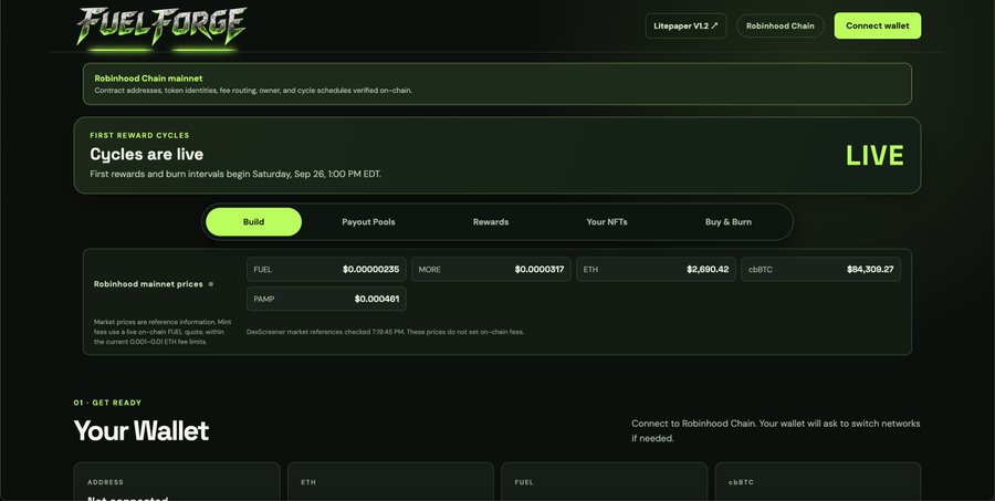 A screenshot of the FuelForge website shows a 'Reward Cycles are LIVE' banner, Robinhood mainnet prices for tokens including FUEL, MORE, ETH, and cbBTC, and navigation tabs for Build, Payout Pools, Rewards, Your NFTs, and Buy & Burn.