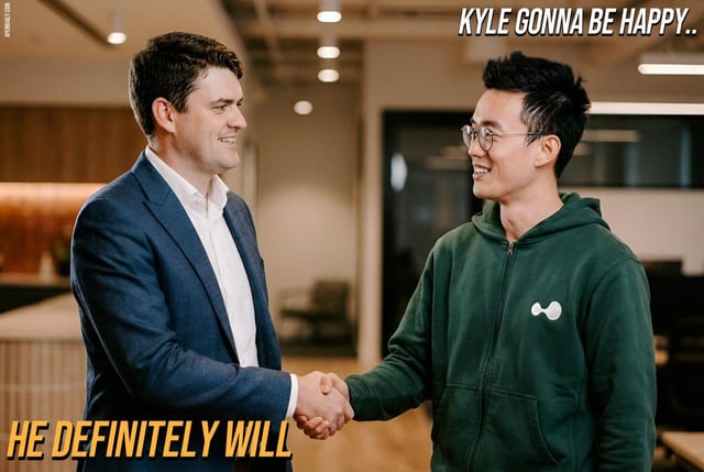 Two men smile and shake hands in a modern office space, with text overlays reading "KYLE GONNA BE HAPPY.." at the top and "HE DEFINITELY WILL" at the bottom, capturing a celebratory partnership moment that mirrors the optimistic tone of the Hyperliquid x Multicoin announcement.
